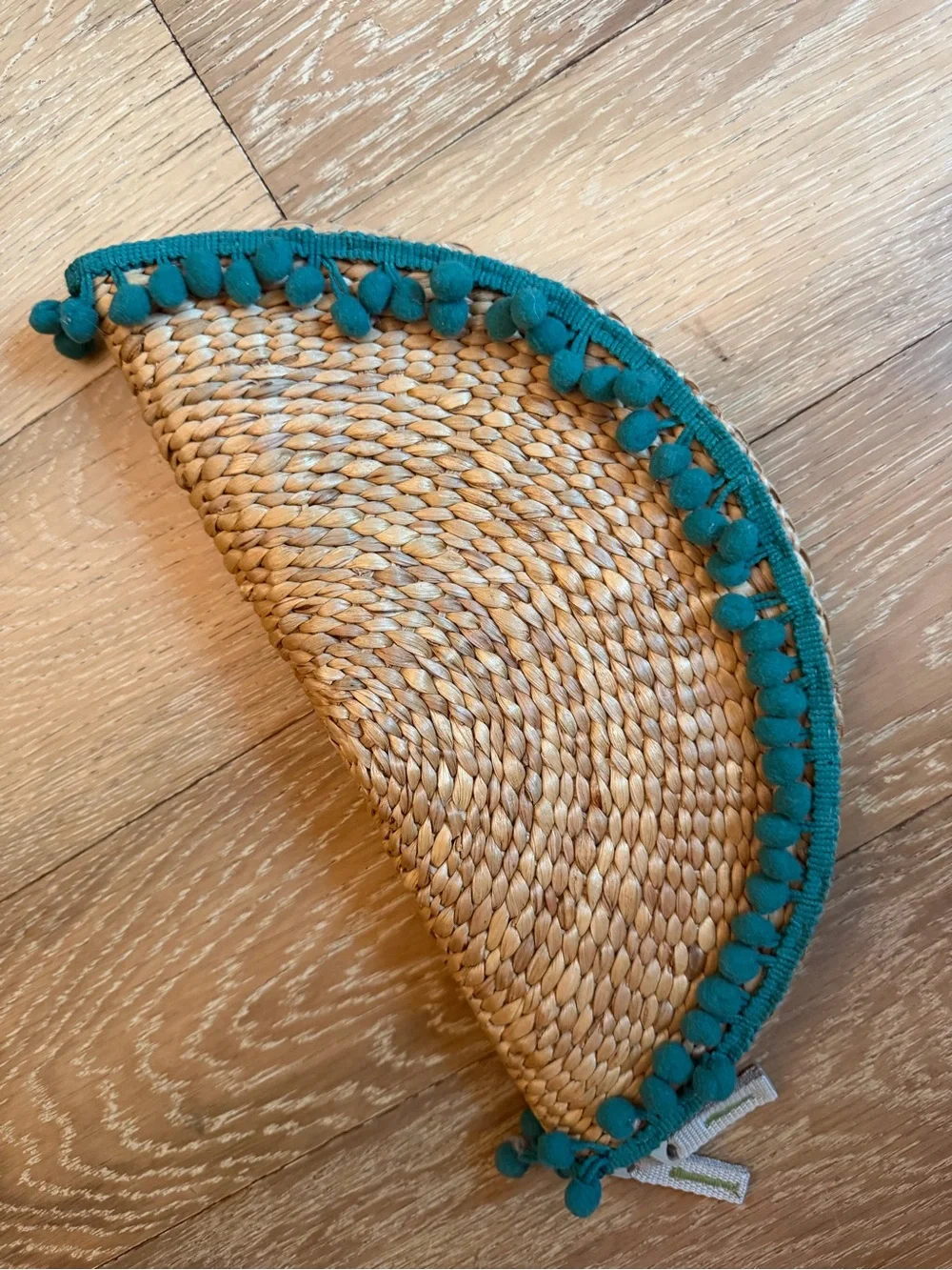 Teal-Trim Woven Seagrass Half-Moon clutch NWOT